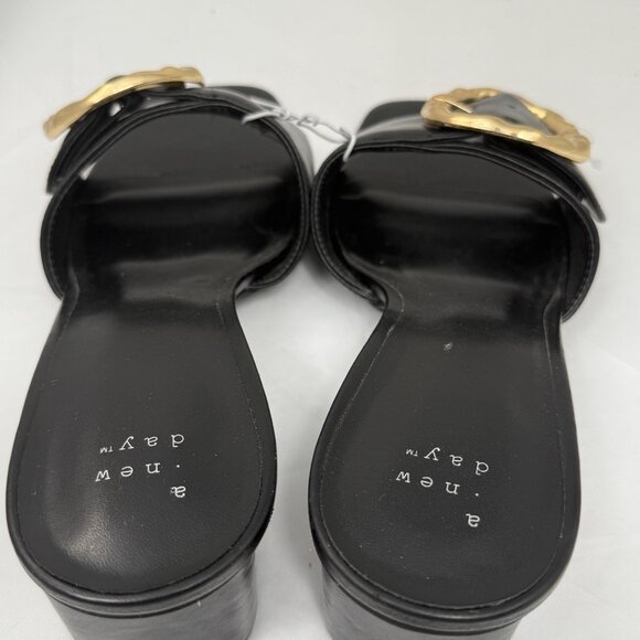 A New Day Womens Faux Leather Slides With Gold Buckle Black Sz 11 Block Heel - Picture 10 of 10